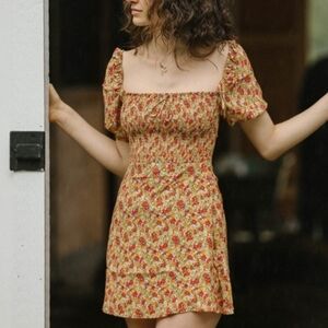 Faithfull The Brand Floral Mini Dress Smocked Bodice Puff Sleeve Size M
